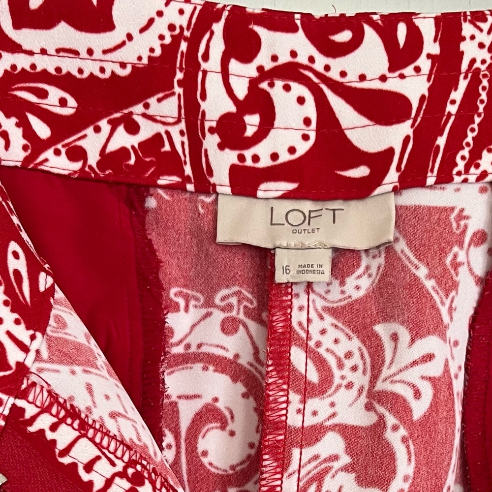 Loft Sz 16 Red White Paisley Wide Leg Pants Coastal Resortwear Beach Summer - Picture 9 of 12